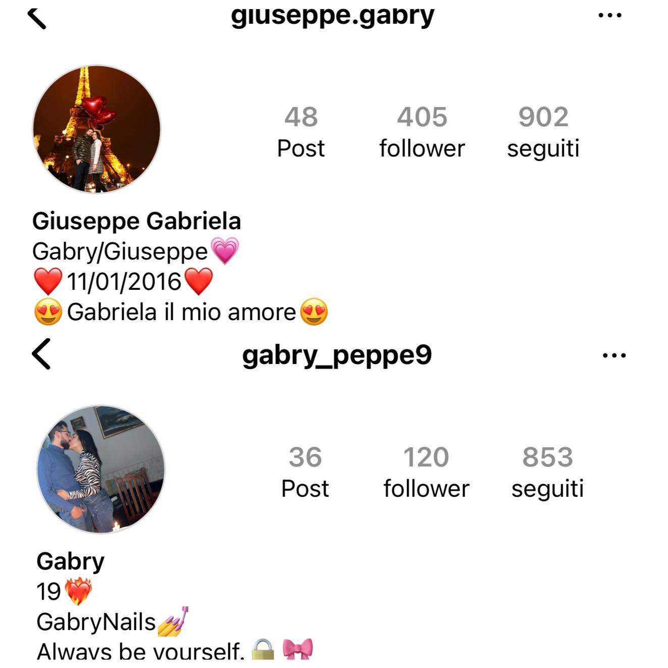 Gabriela Chieffo e Giuseppe di Temptation: profilo di coppia su Instagram